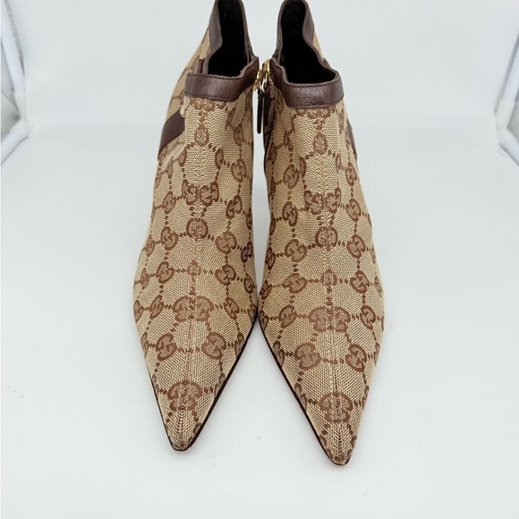 Gucci Monogram Boots | eBay Gucci Brown GG Monogram Canvas leather trim D ring Ankle Heeled Booties 8